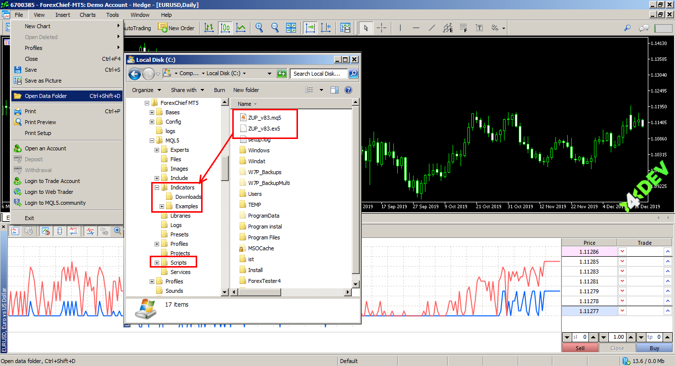 Installing MT5&reg indicator files in the MetaTrader 5&reg interface